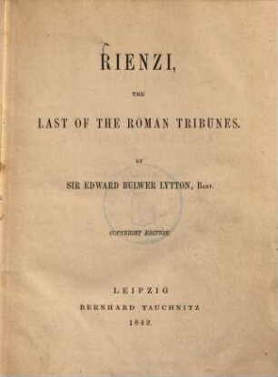 Rienzi : the last of the roman tribunes