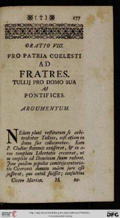 Oratio VIII. Pro Patria Coelesti ad Fratres. Tullij Pro Domo Sua Ad Pontifices