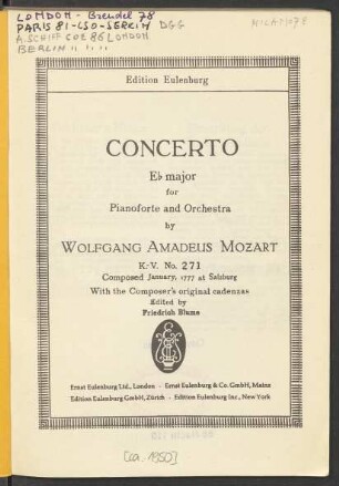 Concerto E♭ major for pianoforte and orchestra : K.-V. No. 271 : with the composer's original cadenzas