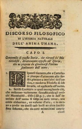 Discorso filosofico su l'istoria naturale dell'anima umana dal Tom. Vinc. Falletti