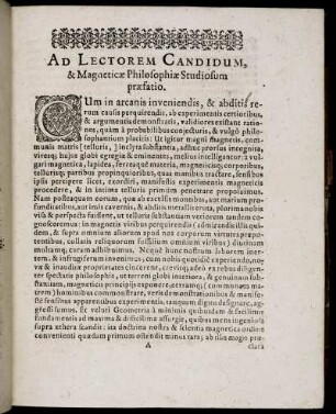 Ad Lectorem Candidum, & Magneticæ Philosophiæ Studiosum præfatio.