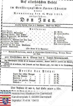Darmstadt, Hoftheater / Theaterzettel 1818 März 6 / 'Don Juan' (Oper) von Wolfgang Amadeus Mozart (1756-1791)