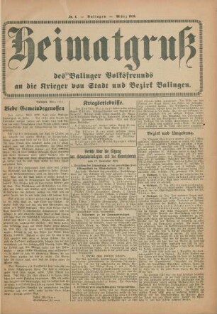 4.1916: Heimatgruß des Balinger Volksfreunds an die Krieger von Stadt und Bezirk Balingen