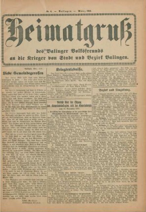 4.1916: Heimatgruß des Balinger Volksfreunds an die Krieger von Stadt und Bezirk Balingen