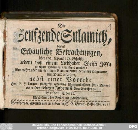 Erster Theil: Die @Seufzende Sulamith : das ist Erbauliche Betrachtungen, über 192. Sprüche H. Schrift