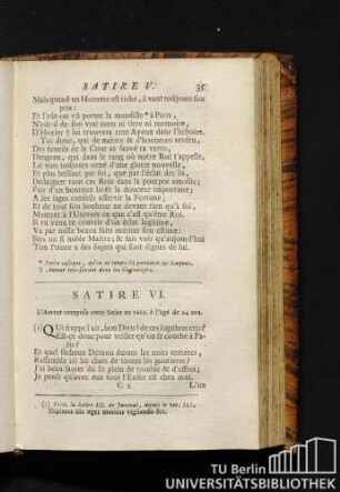 Satire VI. L'auteur composa cette Satire en 1661 â 'lagé de 24 ans.
