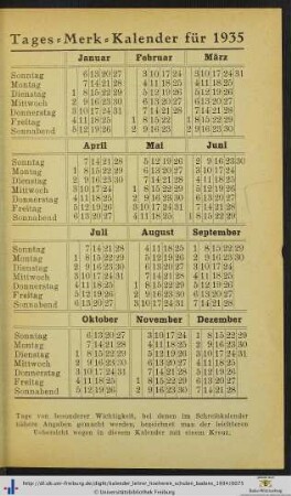 Tages-Merk-Kalender für 1935.