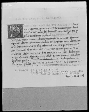 Augustinus, Psalmenkommentar — Initiale D(OMINE NE IN FURORE), Folio 17recto