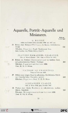 Aquarelle, Porträt-Aquarelle und Miniaturen (Nr. 35-77)