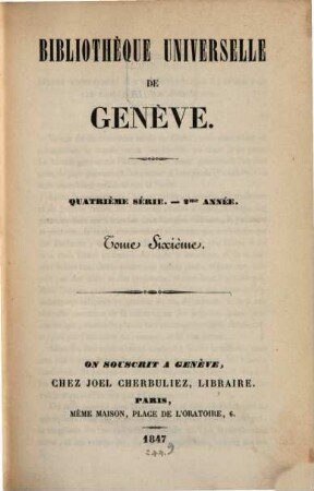 Bibliothèque universelle de Genève. 6. 1847