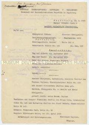 Beglaubigte Übersetzung des Taufscheins von Franziska Vojtech - Familienkonvolut