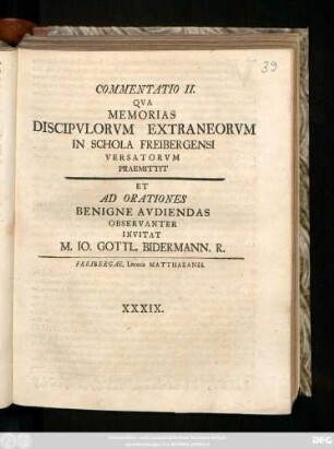 2: Commentatio ... Qva Memorias Discipvlorvm Extraneorvm In Schola Freibergensi Versatorvm Praemittit ...