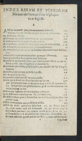 Index Rervm Et Verborvm Memorabilium ordine Alphabetico digesti.