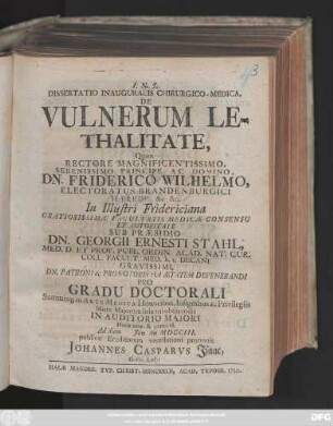 Dissertatio Inauguralis Chirurgico-Medica, De Vulnerum Lethalitate