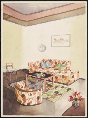 Wohnzimmermöbel. Sofa und Sessel, Couchtisch, Stuhl, Deko
