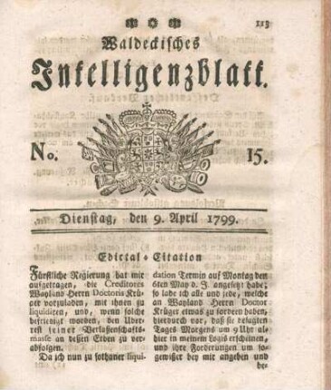 No. 15, Dienstag, den 9. April 1799