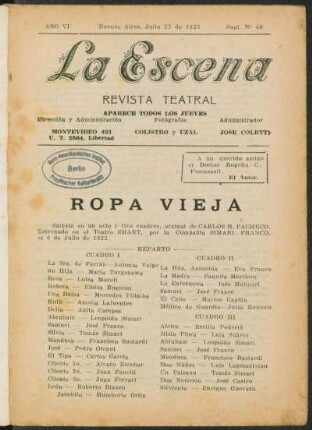Ropa vieja : sainete en un acto. y tres cuadros