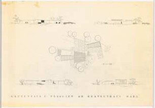 Grünanlage an der Paracelsus-Klinik, Marl: Gartenhaus und Pergolen: Lageplan und 4 Ansichten 1:100