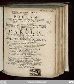 Dissertatio Philosophica Qva Precvm Svmma Et Necessitas Et Vtilitas Ex Ratione Adstrvitvr