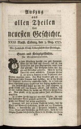 XXXI. Nachl. Coburg, den 3. Aug. 1757.