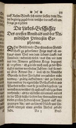 Die Liebes-Geschichte des grossen Annibals und der Numidischen Princeßin Sophronie
