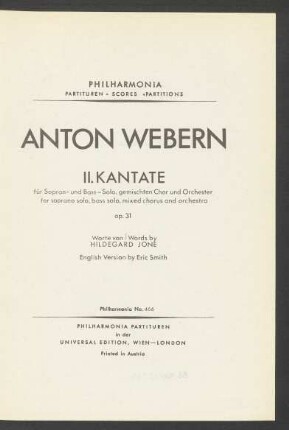 II. Kantate : für Sopran- und Bass-Solo, gemischten Chor und Orchester : op. 31