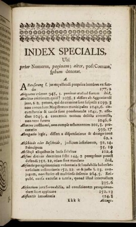 Index Specialis, Ubi prior Numerus, paginam; alter, post Comma, §phum denotat