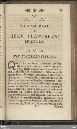 R. I. Camerarii De Sexu Plantarum Epistola