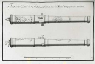 Recueil des Desseins des diverses pieces d' Artillerie, Machines et Instruments de Guerre des differentes Nations de l'Europe : Kanonenrohr. Federzeichnung einer französischen Kanone mit dem Motto Ludwigs XIV. (vor 1715). Blatt 41 a aus: Bodt, Jean de (?). Kanonenrohr. Feder, Tusche, laviert; 46,8 x 63,7 cm. Nach 1695. Aus: Recueil des Desseins de diverses pieces d'Artillerie, Machines, et Instruments de Guerre des differentes Nations de l'Europe, Blatt 41 a. Dresden: SLUB Mscr.Dresd.i.7