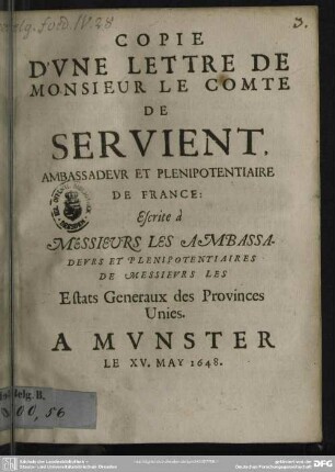 Copie d'une lettre aux ambassadeurs des Estats Generaux à Munster le 15 may 1648