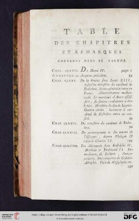 Table des Chapitres et remarques contenus dans ce volume
