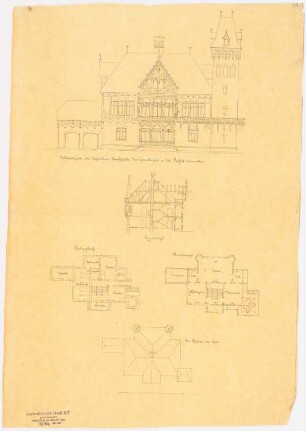 Jagdhaus, Falkenberg: Aufriss der Hauptfassade, Querschnitt, Grundriss Erdgeschoss, Grundriss 1.Obergeschoss, Dachaufsicht, Maßstabsleiste