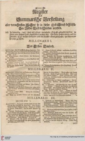 Register und summarische Vorstellung aller vornehmsten Sachen / so in dieser Gedächtnuß-behülfflichen Bilder-Lust beschrieben worden