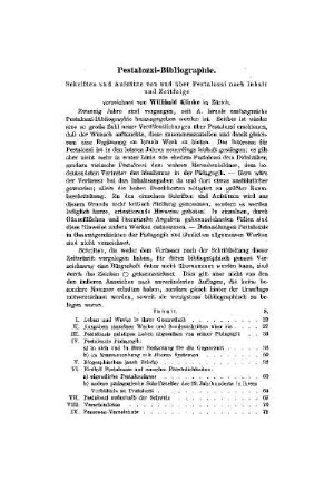 Pestalozzi-Bibliographie : Schriften und Aufsätze von und über Pestalozzi nach Inhalt und Zeitfolge