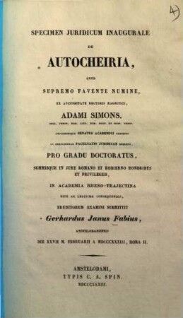 Specimen Juridicum Inaugurale De Autocheiria