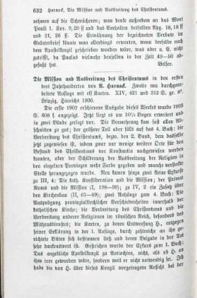 632-633 [Rezension] Harnack, Adolf von, Die Mission und Ausbreitung des Christentums in den ersten drei Jahrhunderten, 2. Aufl.