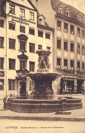 Leipzig: Barfuß-Brunnen und Restaurant Kaffeebaum