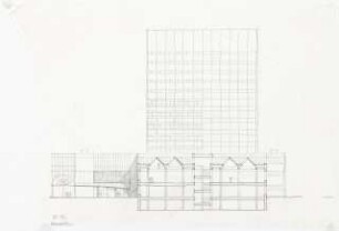 Mensa und Hochschulbibliothek, Karlsruhe Erweiterung: Anbau Bibliothek, Skizze Ansicht Bibliothek + Anbau mit Schnitt durch Anbau