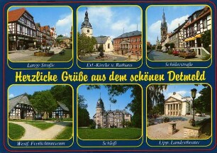 Postkarte. Lange Straße, Erl.-Kirche u. Rathaus, Schülerstraße, Westf. Freilichtmuseum, Schloß, Lipp. Landestheater