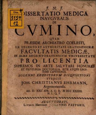 Diss. med. inaug. de cumino