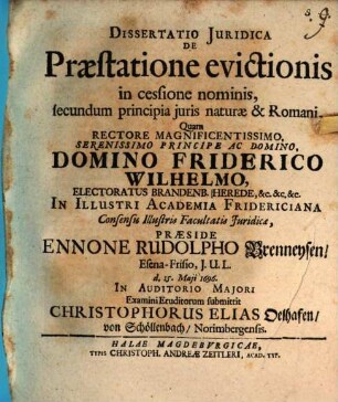 Diss. iur. de praestatione evictionis in cessione nominis secundum principia iuris naturae et Romani