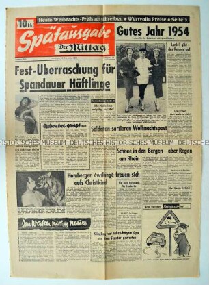 Titelseite der Spätausgabe der Tageszeitung "Der Mittag" zu Hafterleichterungen für die Gefangenen im Kriegsverbrechergefängnis Spandau über die Weihnachtsfeiertage