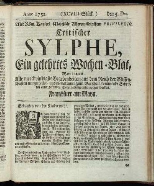 (XCVIII. Stück.) den 5. Dec. Anno 1752.