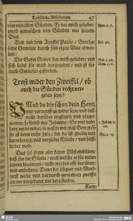 Trost wider den Zweiffel, ob auch die Sünden recht vergeben seyn?