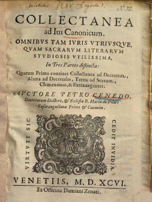 Petri Hieronimi Cenedi Collectanea ad ius canonicum : in tres partes distincta
