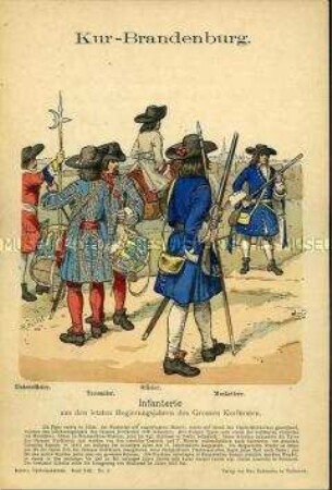 Uniformdarstellung, Unteroffizier, Tambour, Offizier und Musketiere der Infanterie, Brandenburg-Preußen, 1680/1688.