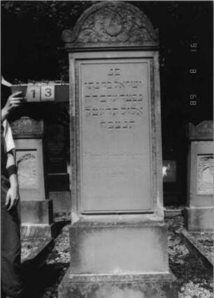 Grabstein 13 (Index: 100086626) Material: Sandstein Zustand: gut Maße HxBxT: 197x54x21 cm Beschreibung: Stele, getreppter Sockel, Rundbogenaufsatz, Schriftfeld rechteckig Symbolik: geschmückter Rundbogen: Grabstein 13