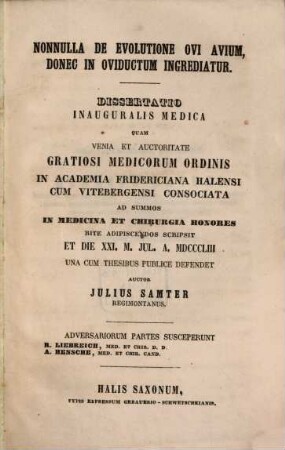 Nonnulla de evolutione ovi avium, donec in oviductum ingrediatur : Diss. inaug. med.