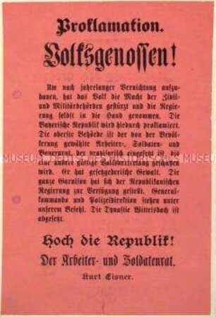 Flugblatt mit der Proklamation der Bayerischen Republik im Zuge der Novemberrevolution 1918