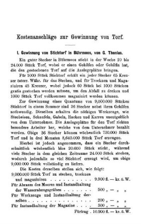 Kostenanschläge zur Gewinnung von Torf.